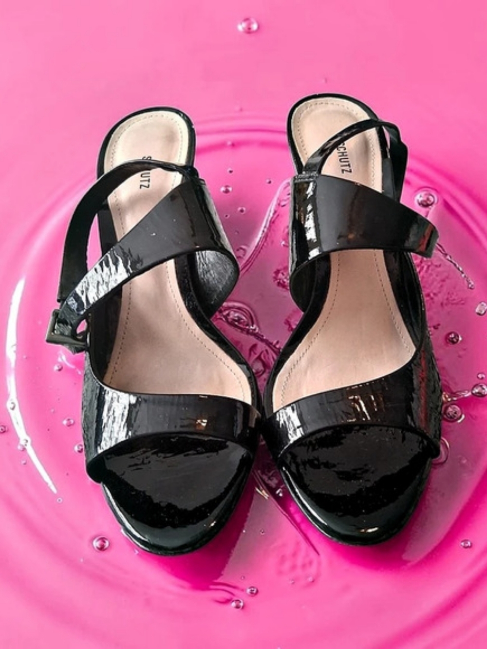 SCHUTZ Black Patent Ankle Strap Heels Like New Womens Shoes Size 8 Classy Cute